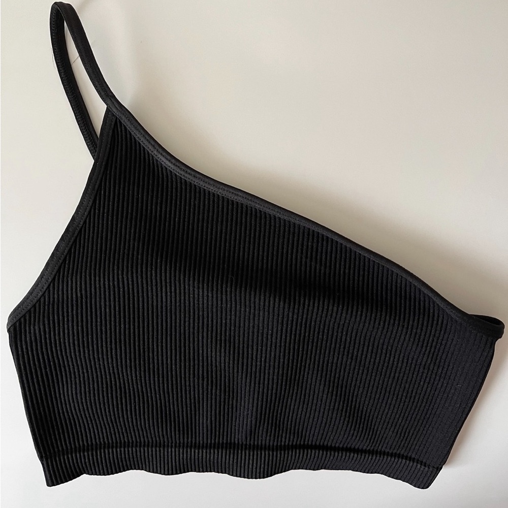 Black One Shoulder Ribbed Bralette